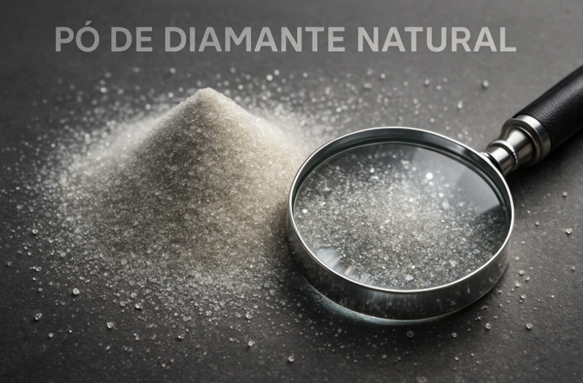 Pó de diamante natural sob lupa, mostrando a distribuição dos grãos